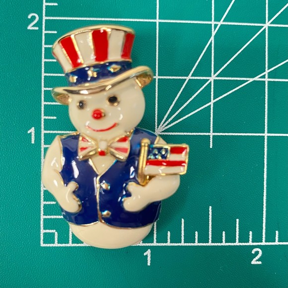 Patriotic Snowman Brooch And Pendant Heavy Gold Tone Enamel Cloisonne - Picture 9 of 9